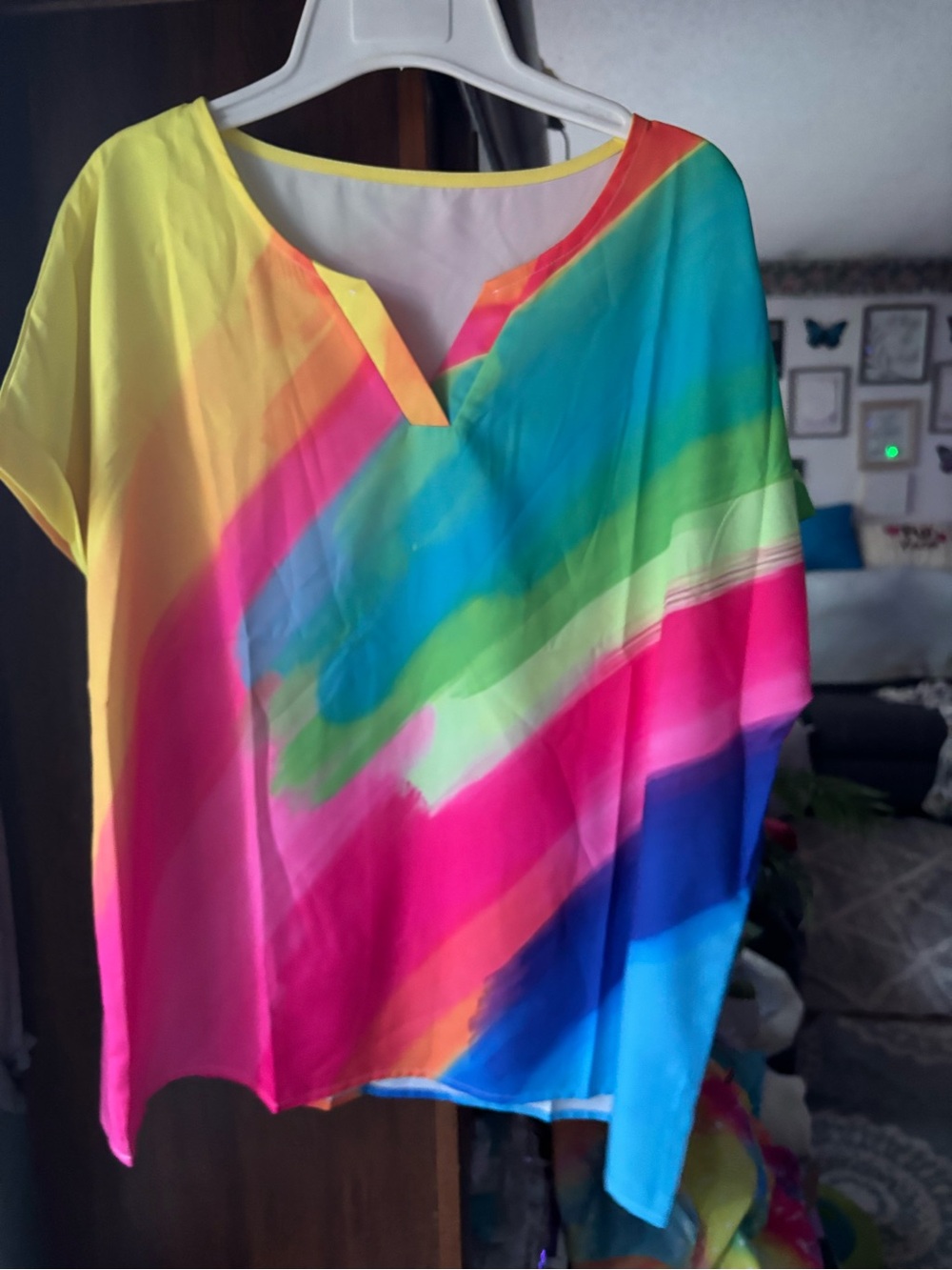 Rainbow Striped Notch-Neck Women’s Tunic - Bright Multicolor